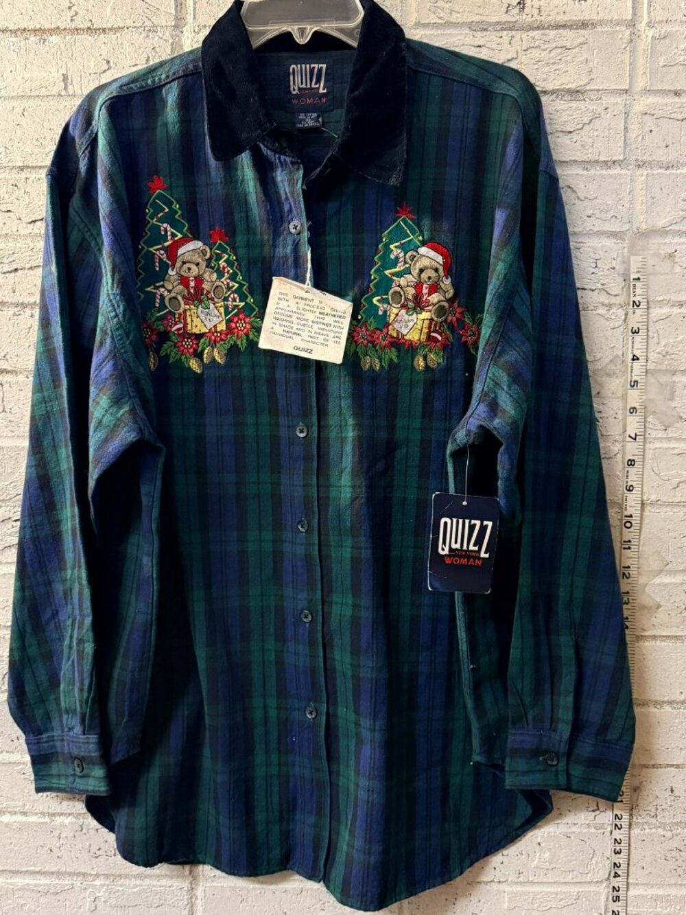 Vintage Quizz Woman 22 Christmas Teddy Bear Plaid Embroidered Shirt NWT